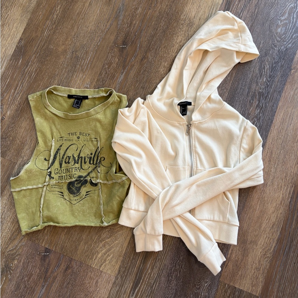 Bundle forever 21 graphic crop tank top and ribbed hoodie size S